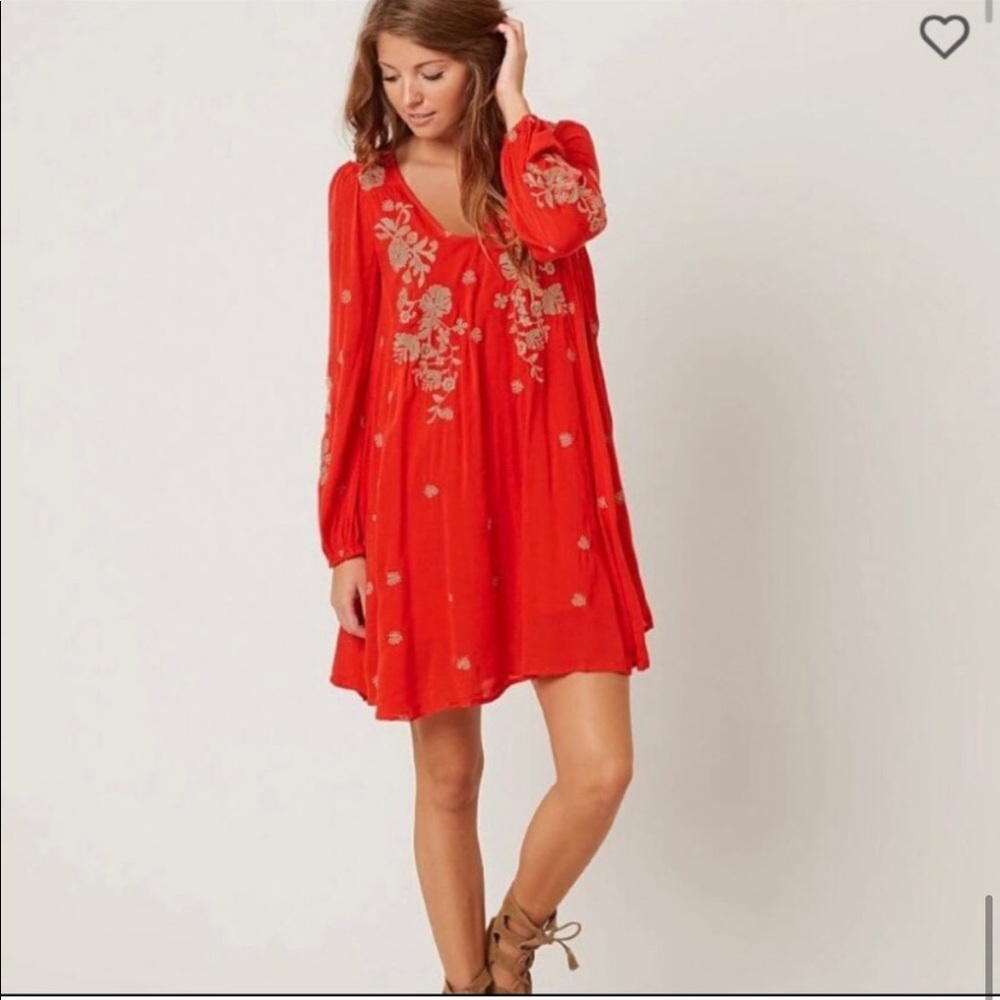 Free People Red Embroidered Swing Dress w/ Pockets